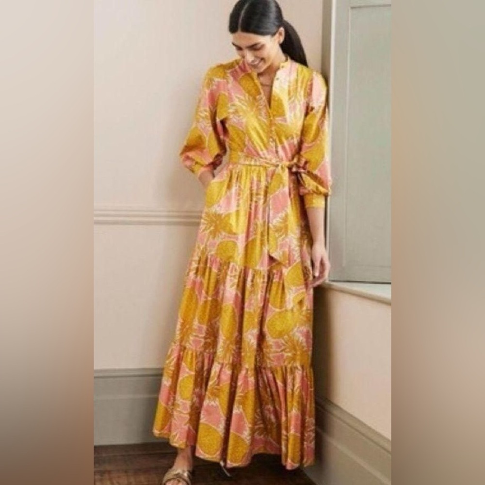 NWT Boden Ava Tiered Maxi Dress size US 12R Wedding Casual Printed Cotton Yellow
